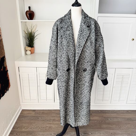Vintage Black and White Wool Silk Herringbone Tweed Long Coat Size M/L - Picture 1 of 9